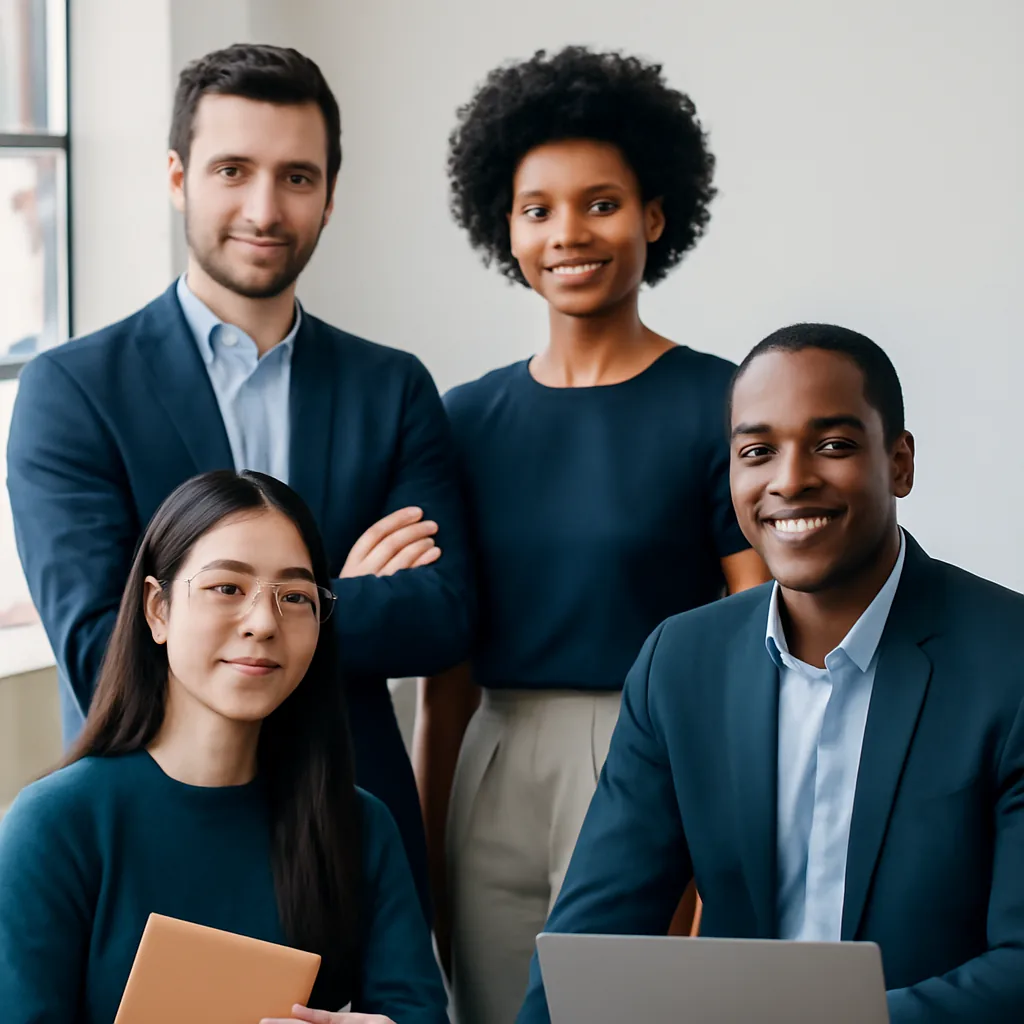 Modern aspirational editorial, diverse professionals and students, clean