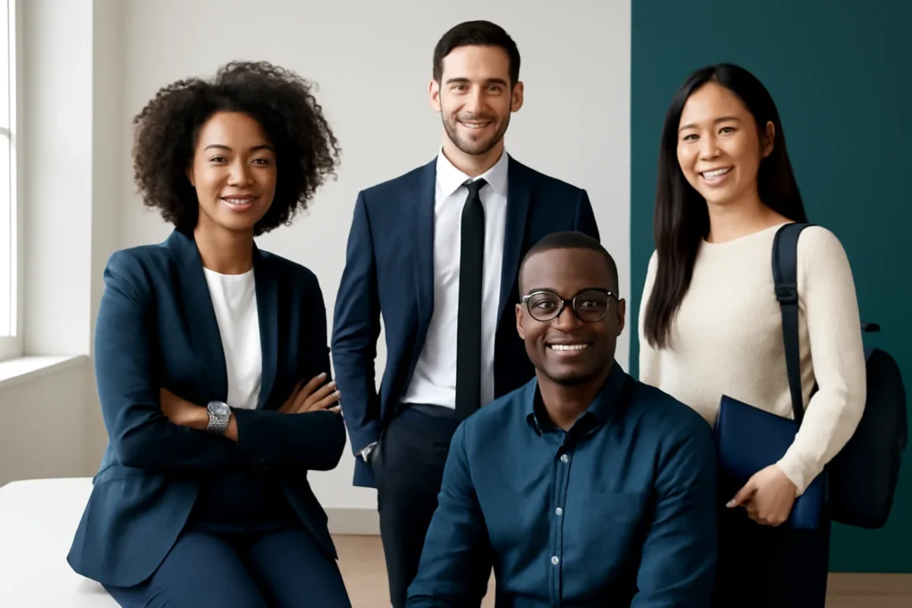 Modern aspirational editorial, diverse professionals and students, clean